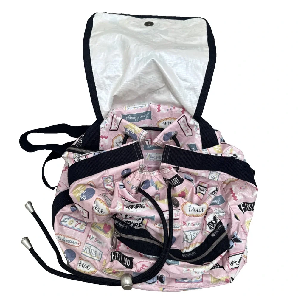 LeSportsac Small Mini Backpack Love Print Cinch Top Snap Closure Zipped Pockets